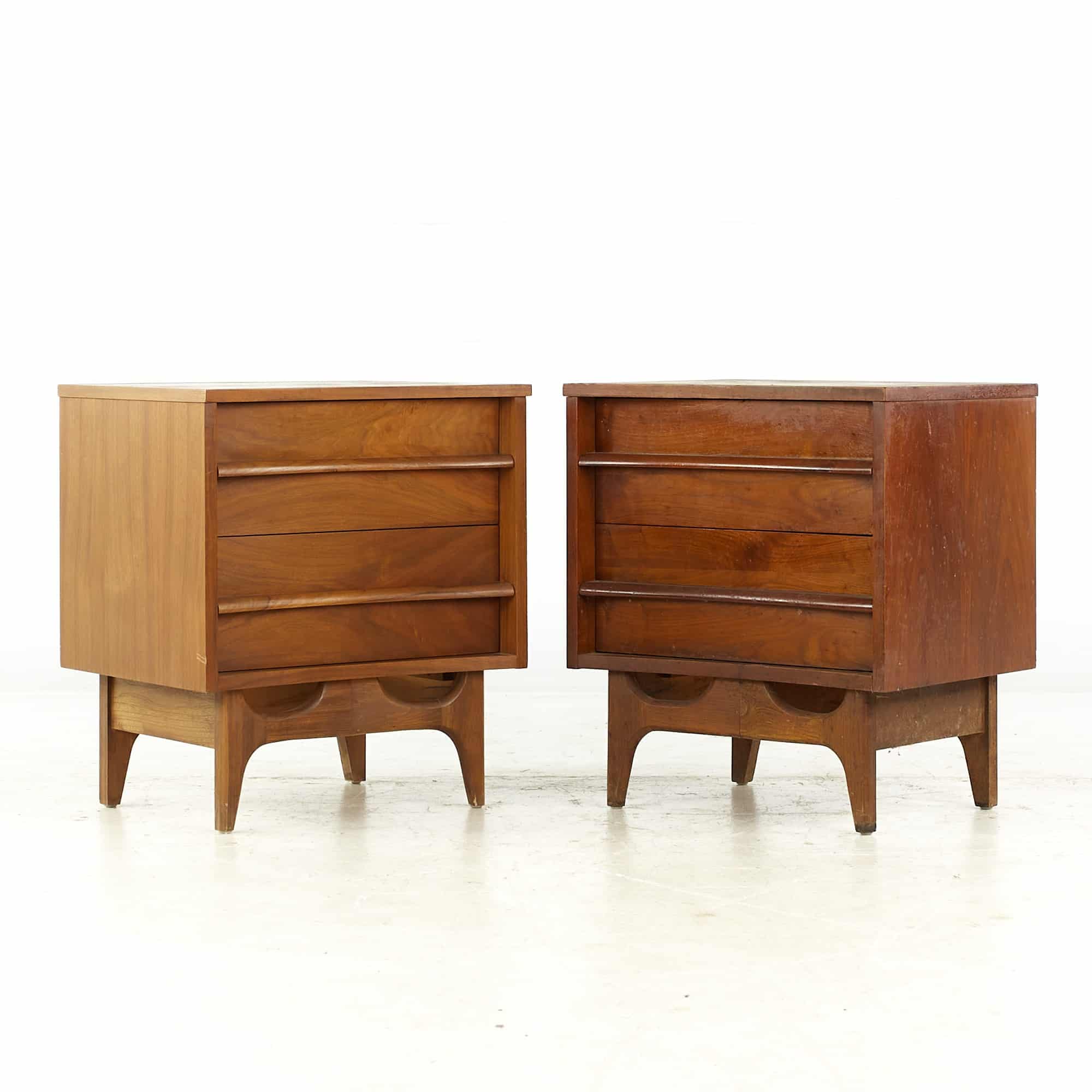 Young Manufacturing Mid Century Curved Front Walnut Nightstands - Pair
