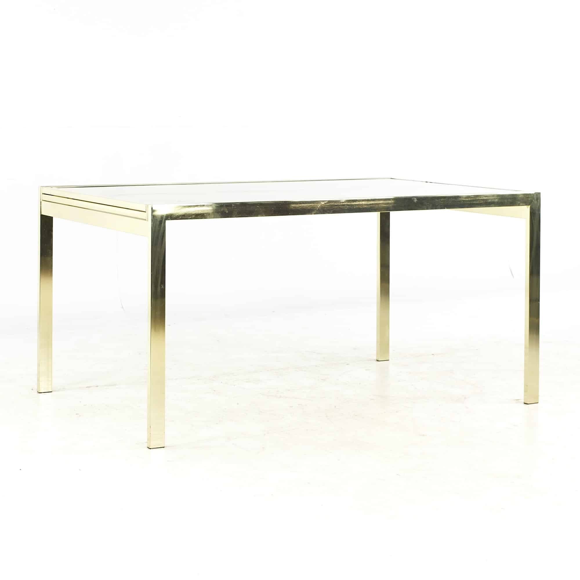 Milo Baughman Style Mid Century Brass and Smoked Glass Extension Dining Table