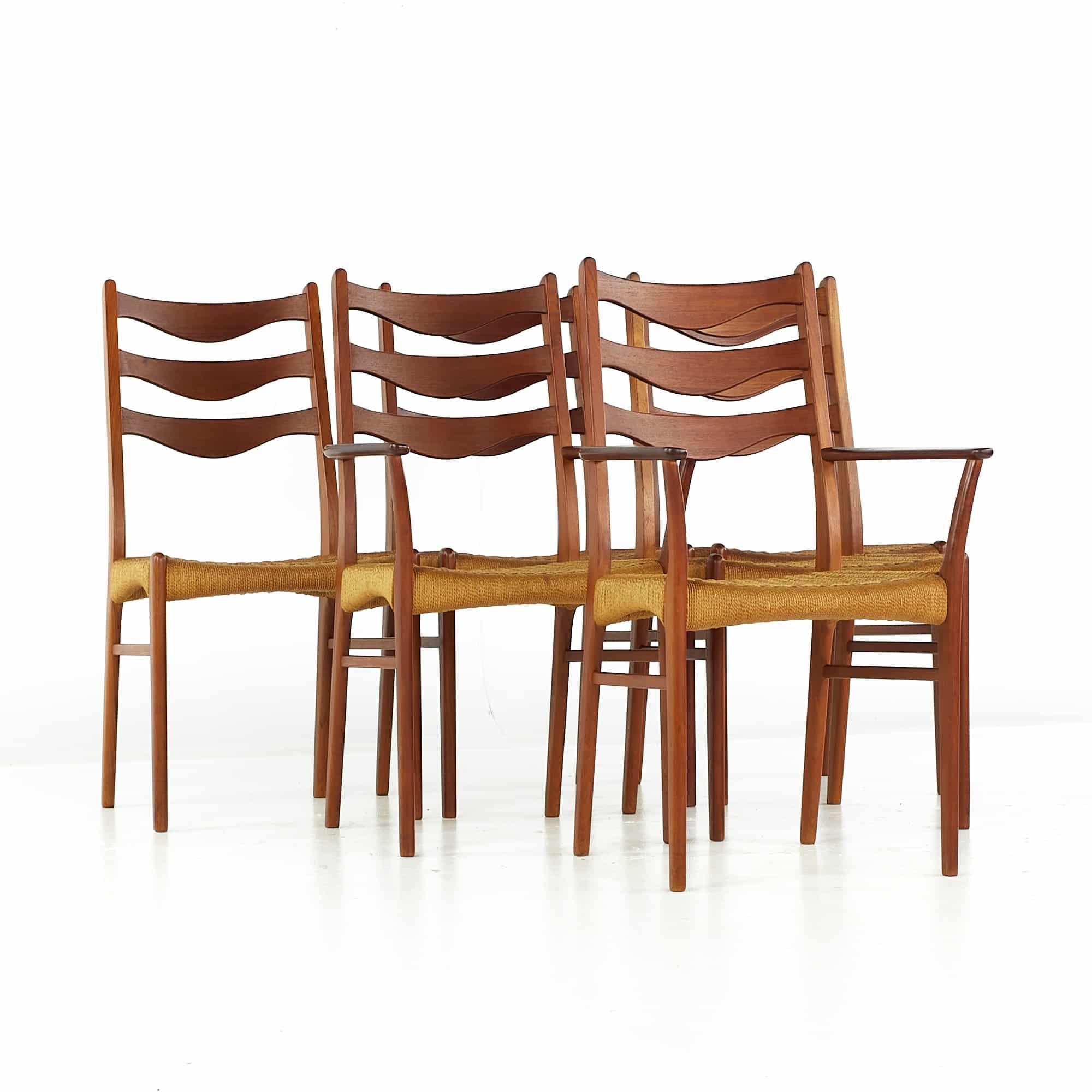 Arne Wahl Iversen Gs90 Mid Century Danish Teak Dining Chairs with Rope Seats - Set of 6