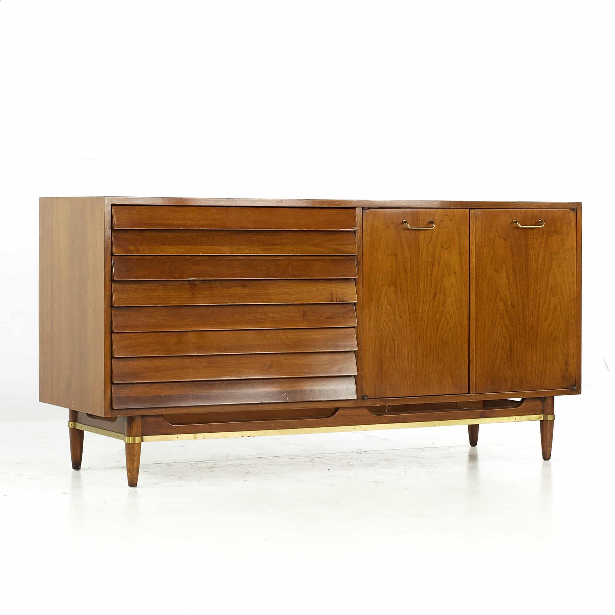 Merton Gershun for American of Martinsville Mid Century Walnut and Brass Lowboy Dresser