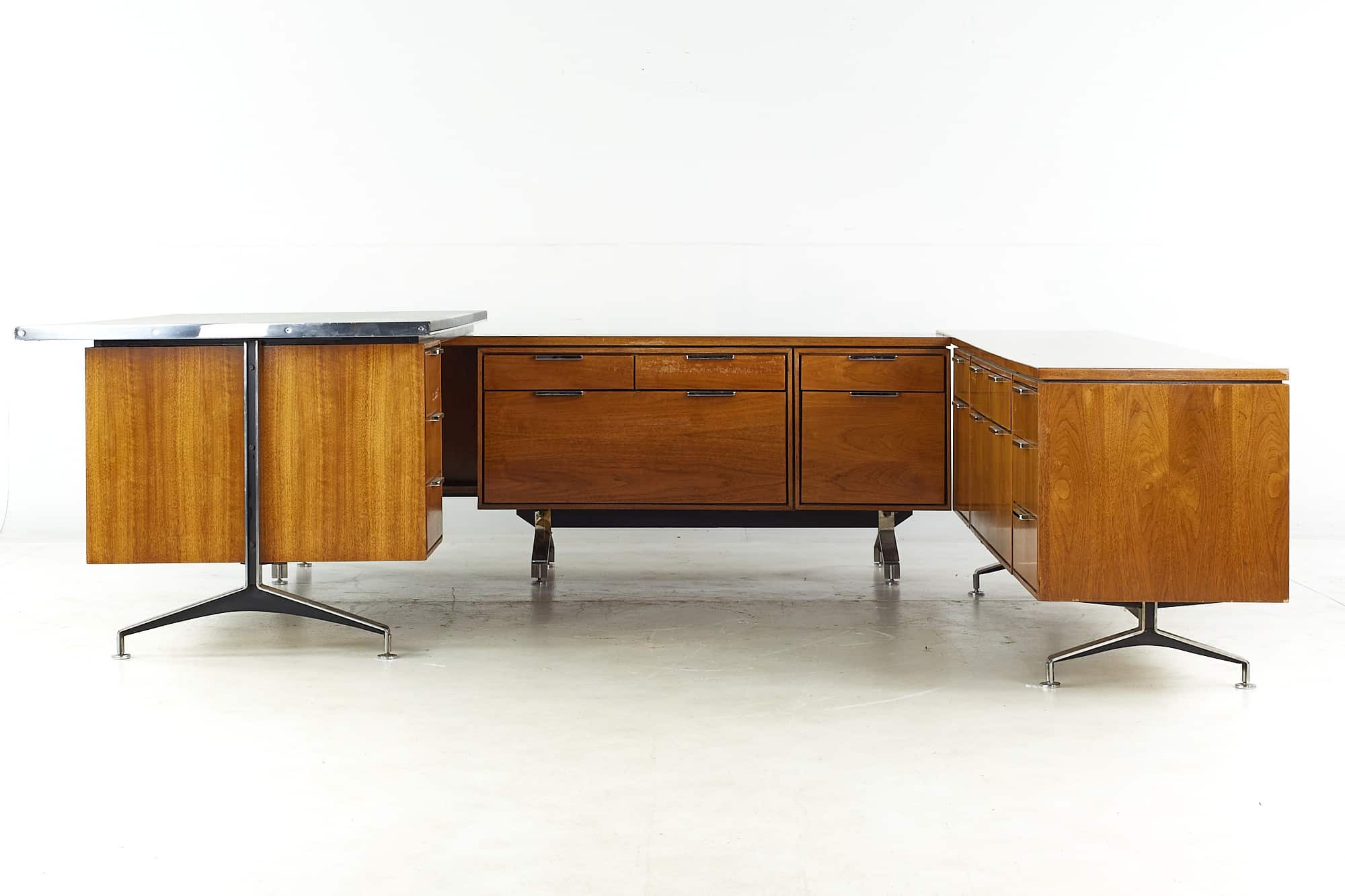 Imperial Desk Company Mid Century Walnut U-shaped Desk with Chrome Handles