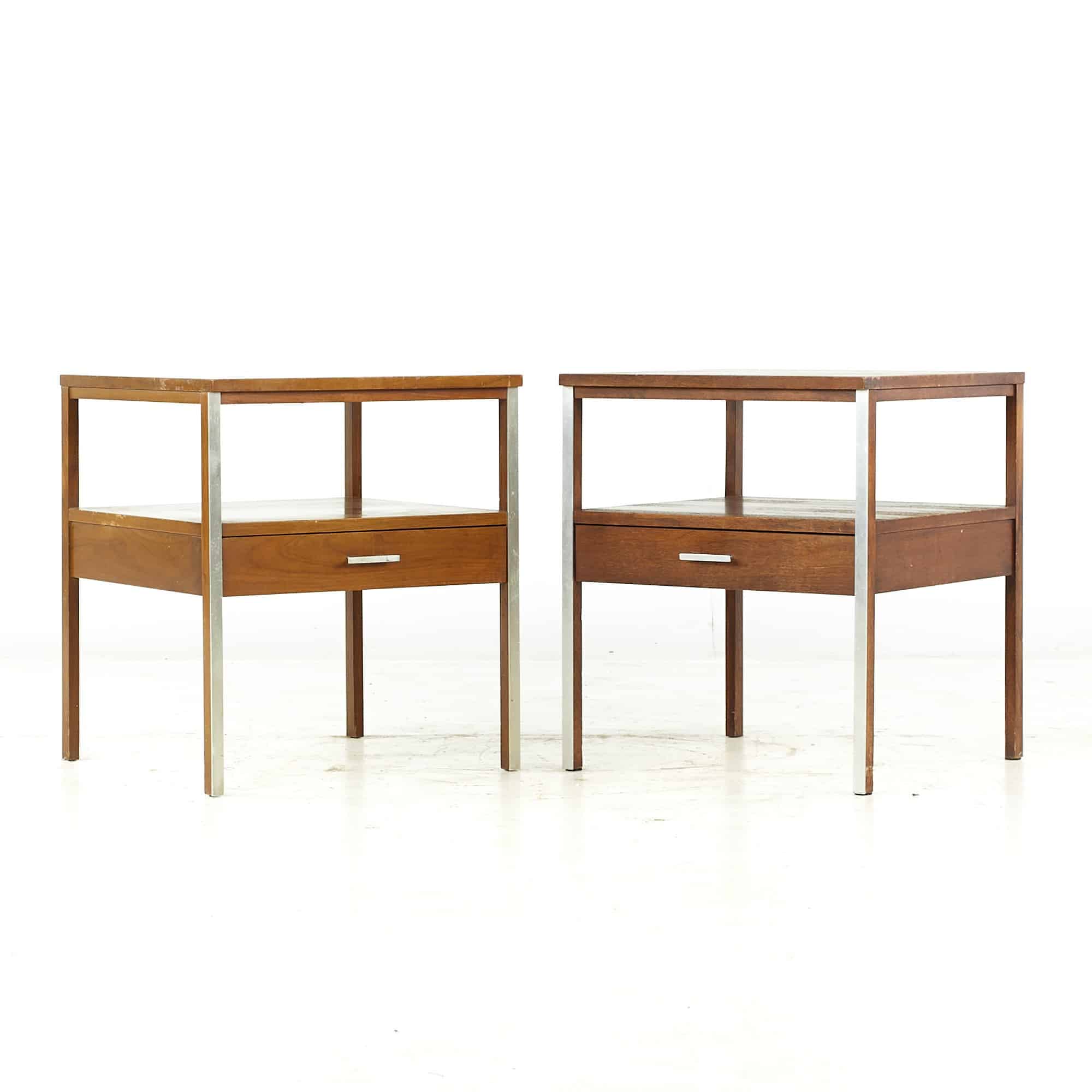 Paul Mccobb for Calvin Linear Mid Century Walnut and Stainless Steel Side Table - Pair