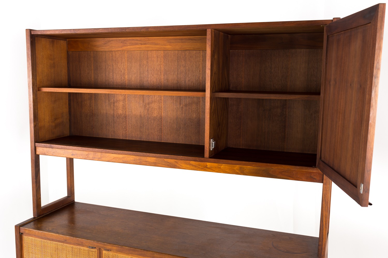 Jack Cartwright for Founders Mid Century Walnut Caned Credenza Buffet and Hutch