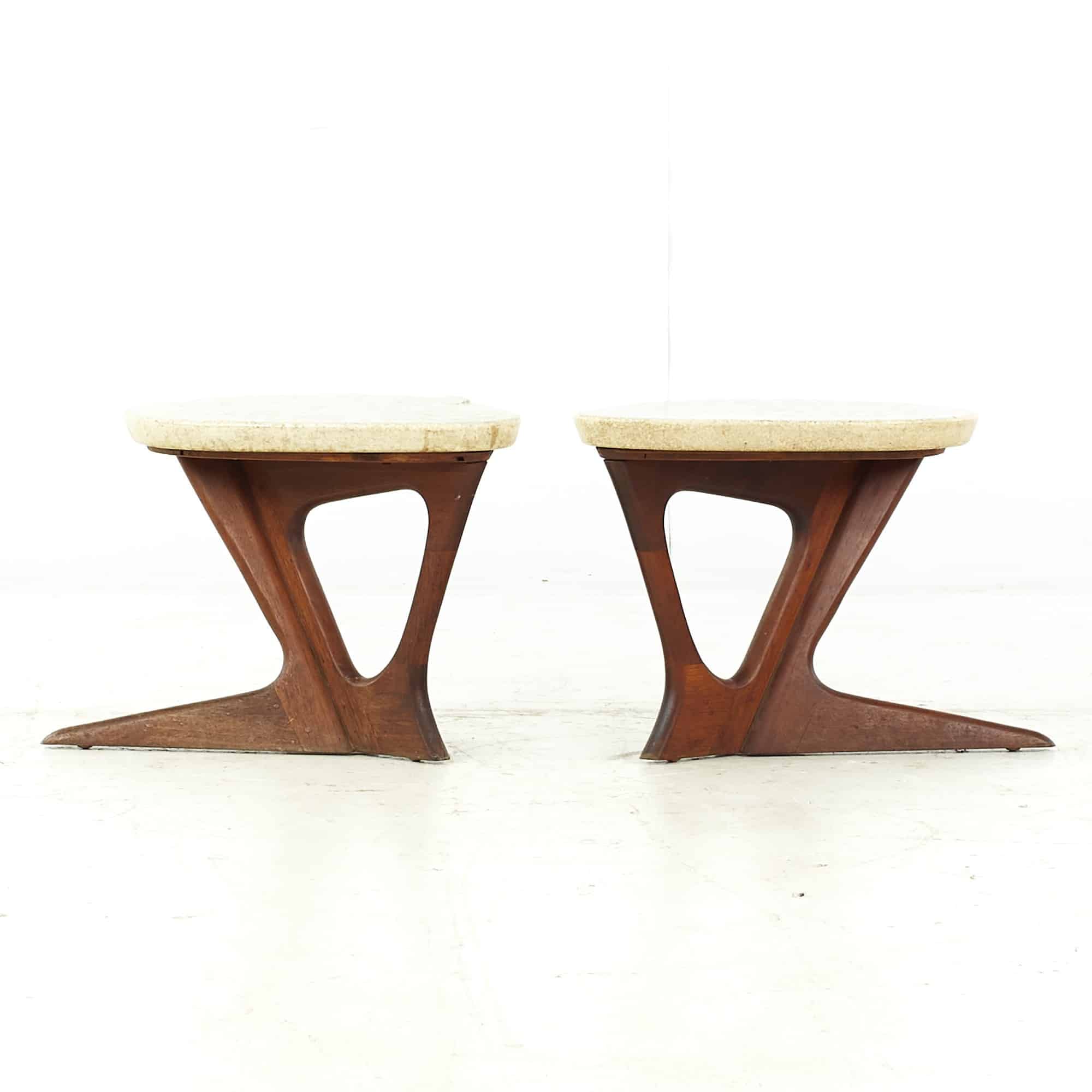 Harvey Probber Mid Century Terrazzo and Walnut Sculptural Side Tables - Pair