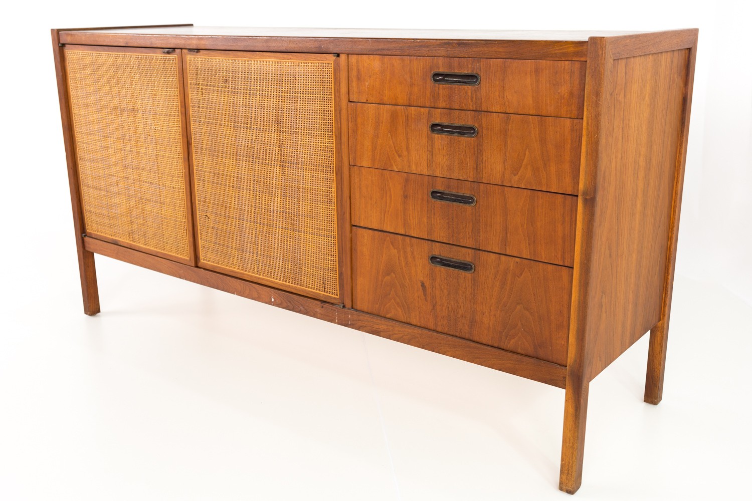 Jack Cartwright for Founders Mid Century Walnut Caned Credenza Buffet and Hutch