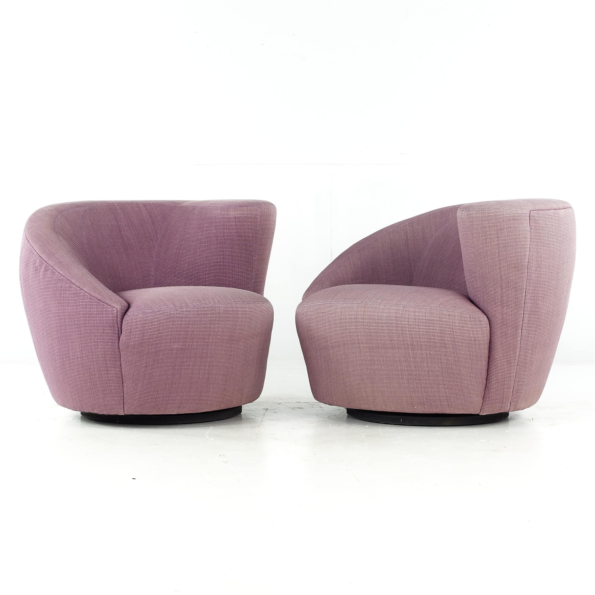 Vladimir Kagan Style Mid Century Nautilus Purple Swivel Lounge Chairs - Pair