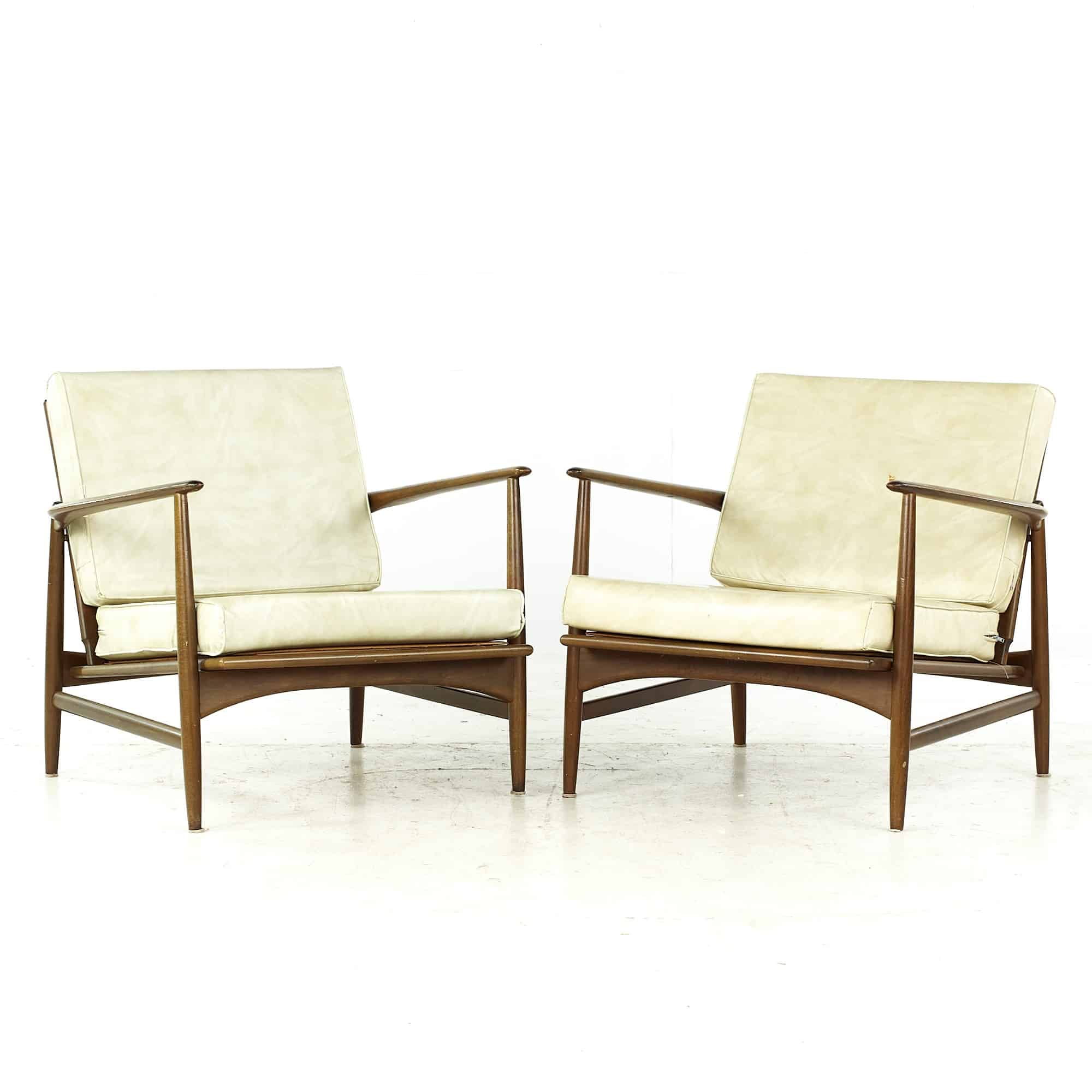 Kofod Larsen for Selig Mid Century Walnut Lounge Chairs - Pair