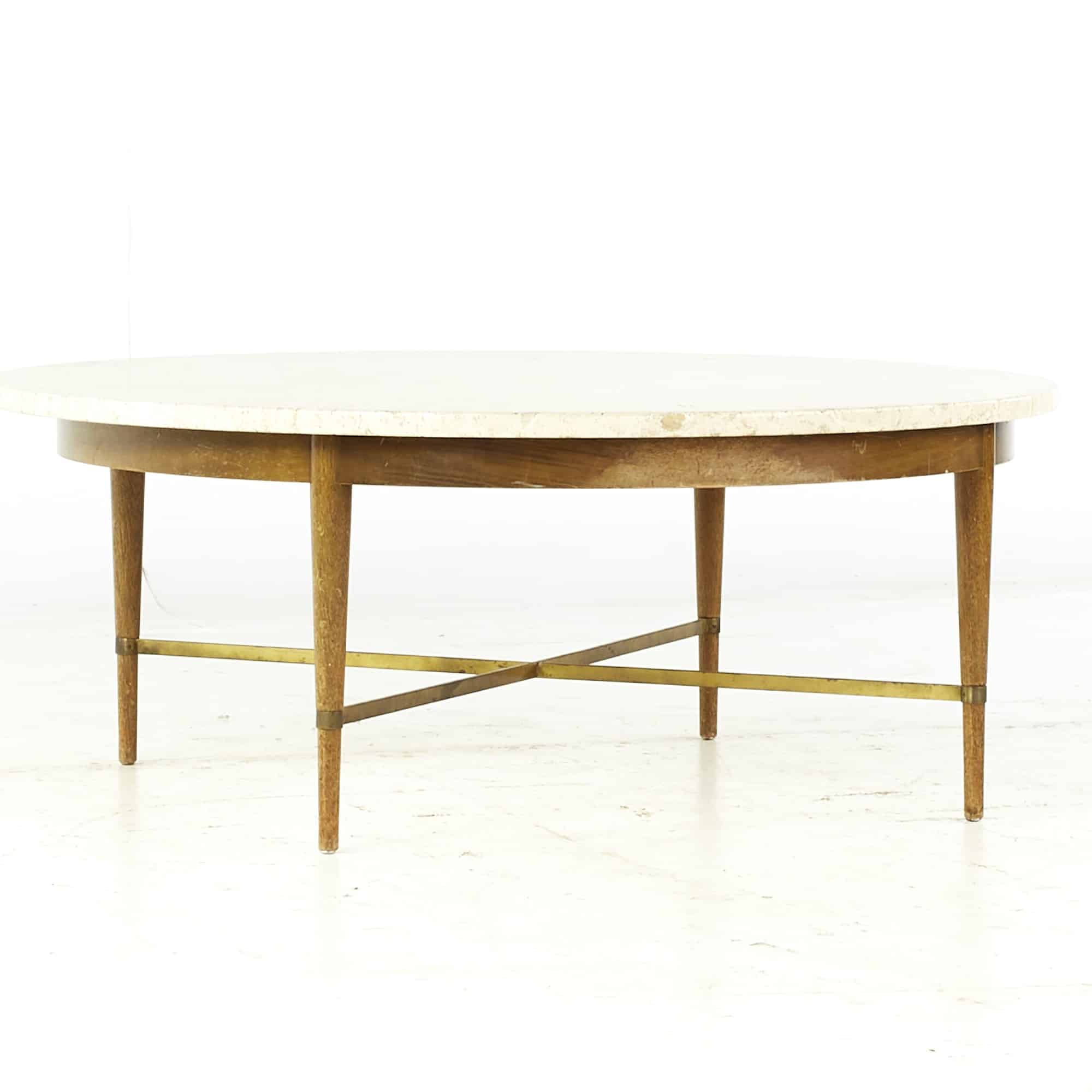 Paul Mccobb for Calvin Mid Century Travertine Top Walnut and Brass X Coffee Table