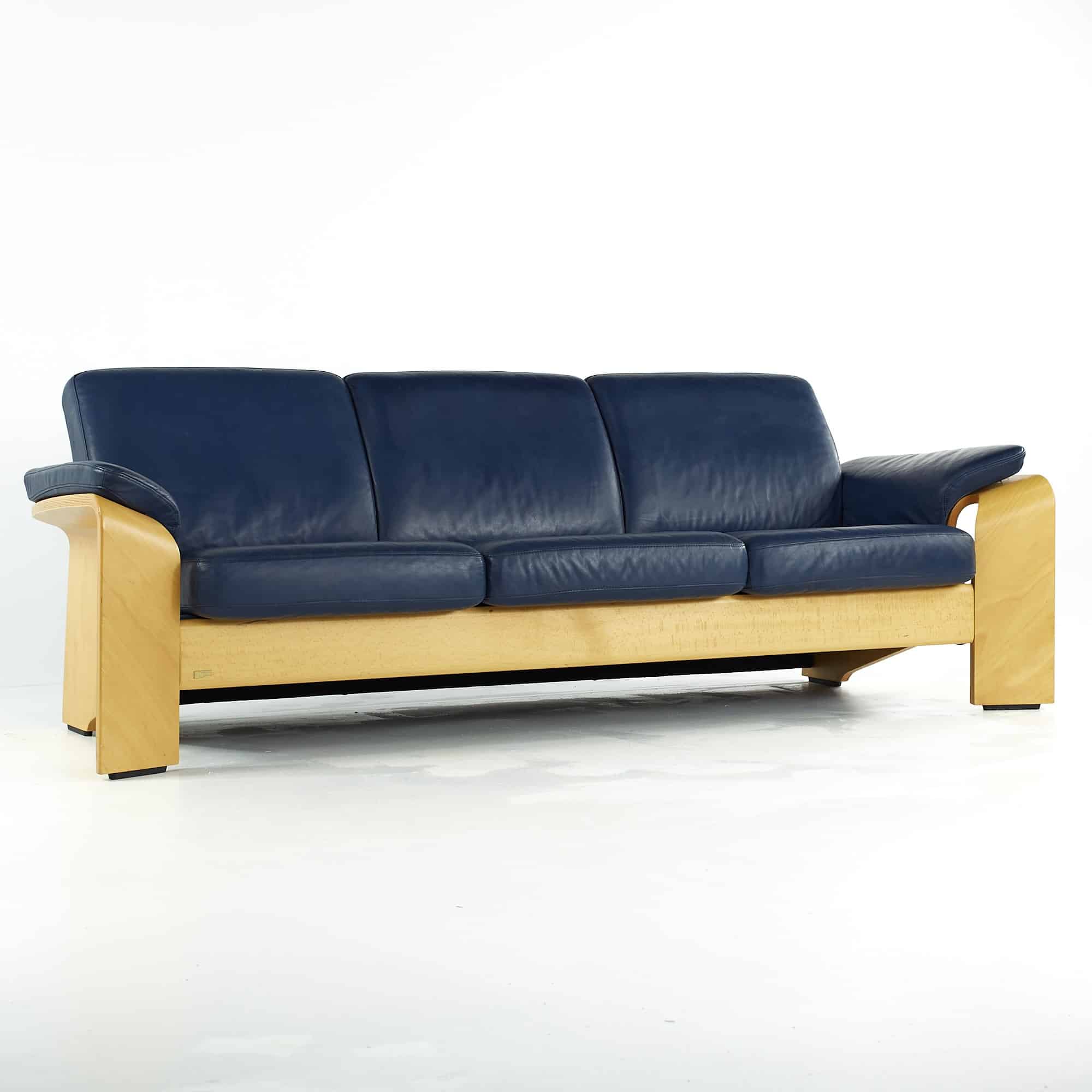 Ekornes Mid Century Blue Leather Sofa