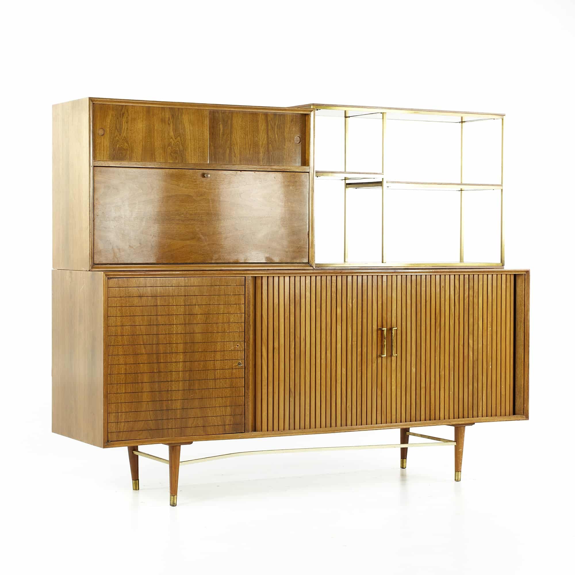 Paul Mccobb Furnette Mid Century Brass and Walnut Credenza with Cabinet and Shelving Unit