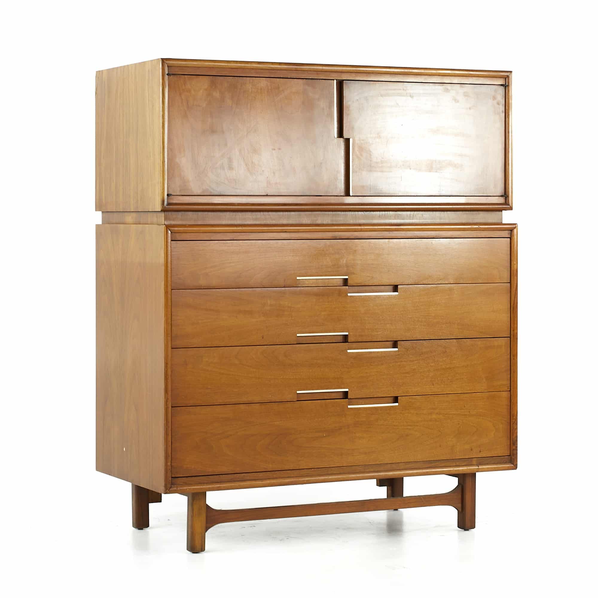 Cavalier Furniture Mid Century Walnut and Brass Highboy Dresser