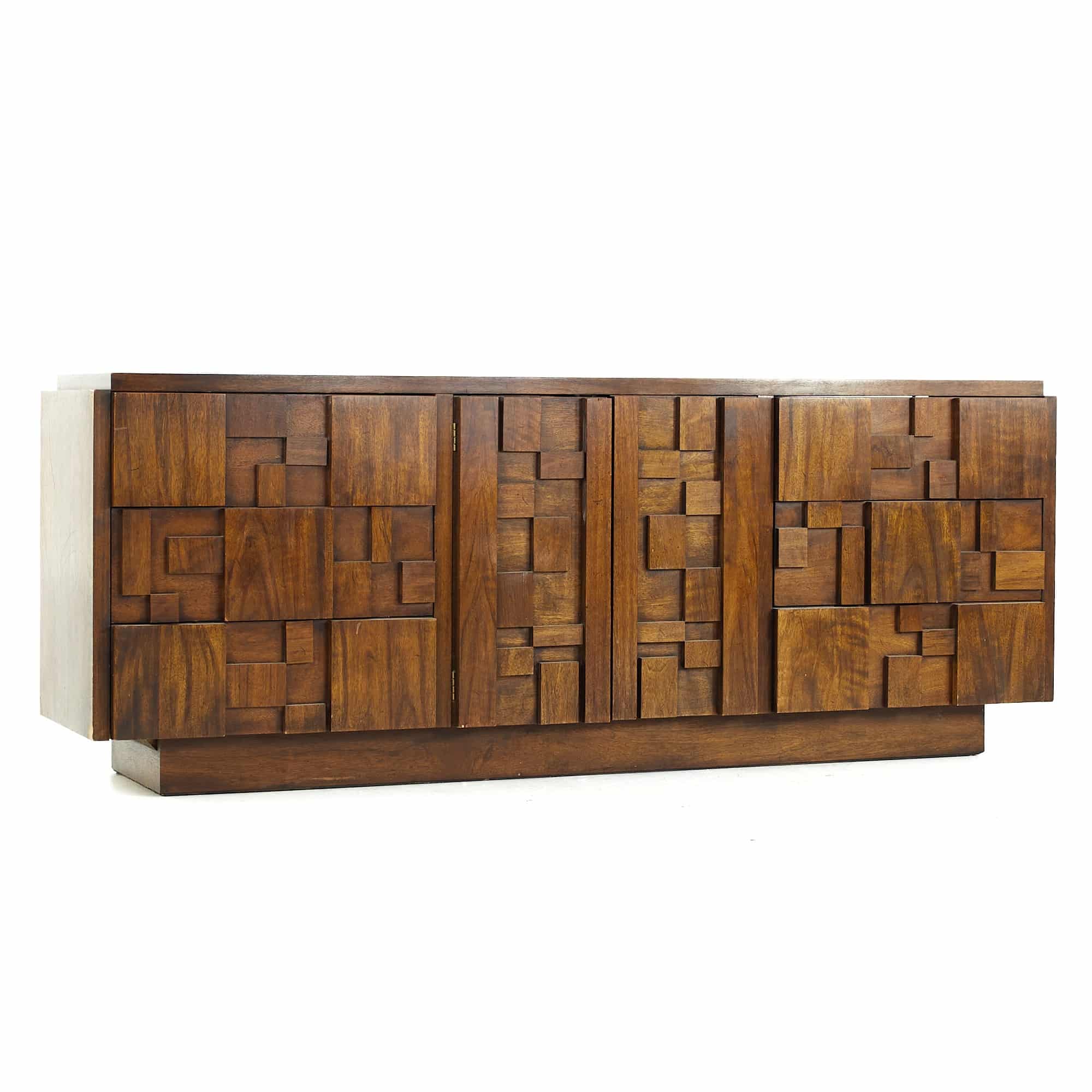 Lane Staccato Brutalist Mid Century Walnut Lowboy 9 Drawer Dresser