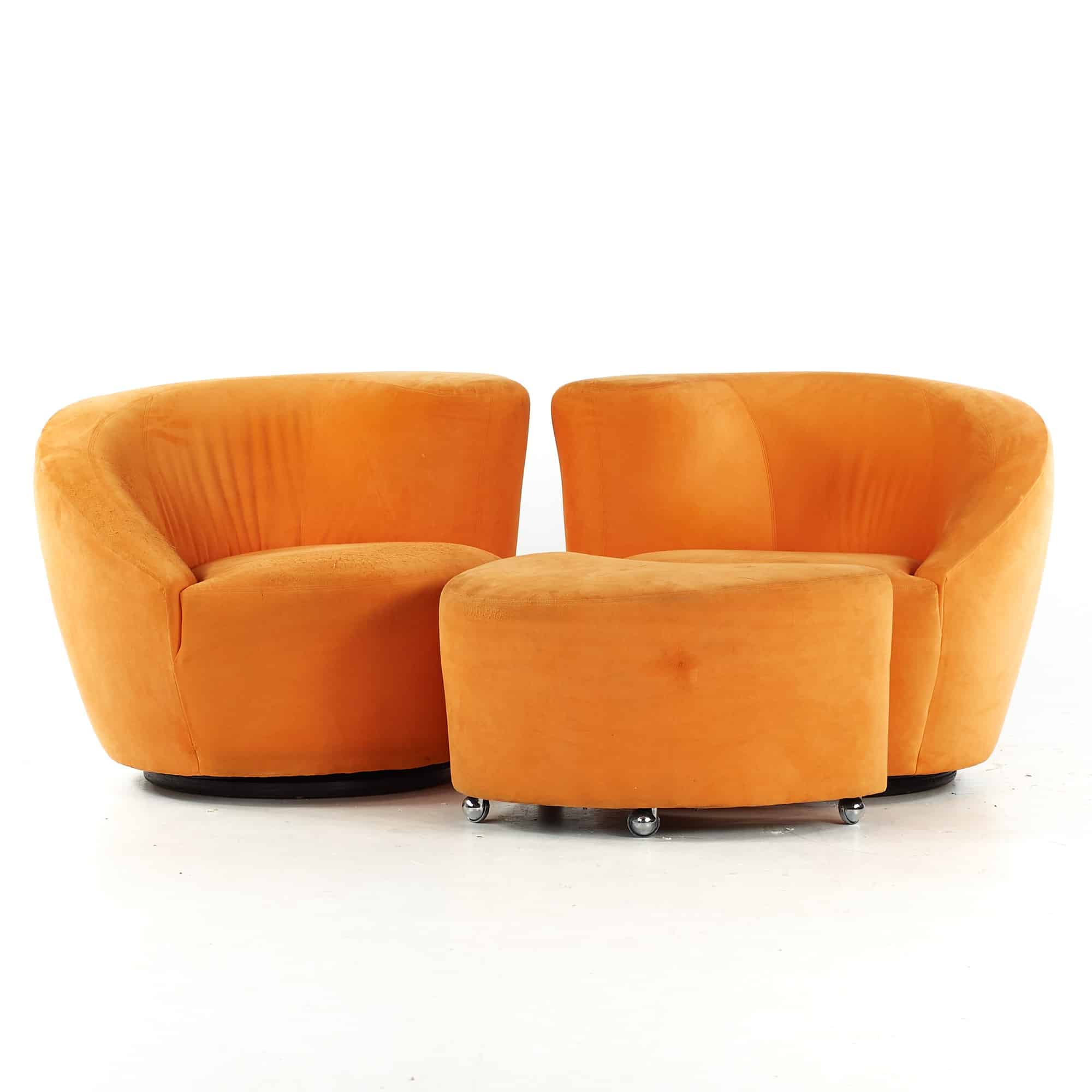 Vladimir Kagan for Directional Mid Century Lounge Chairs with Ottoman - Pair