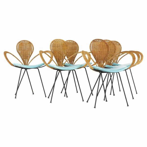 Arthur Umanoff for Shaver Howard Mid Century Rattan and Iron Dining Chairs - Set of 6