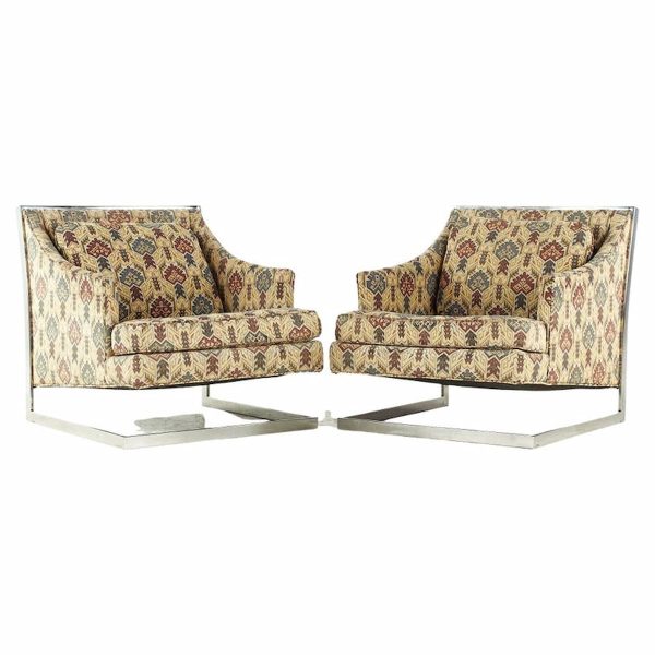 milo baughman style mid century chrome cantilever lounge chairs - pair