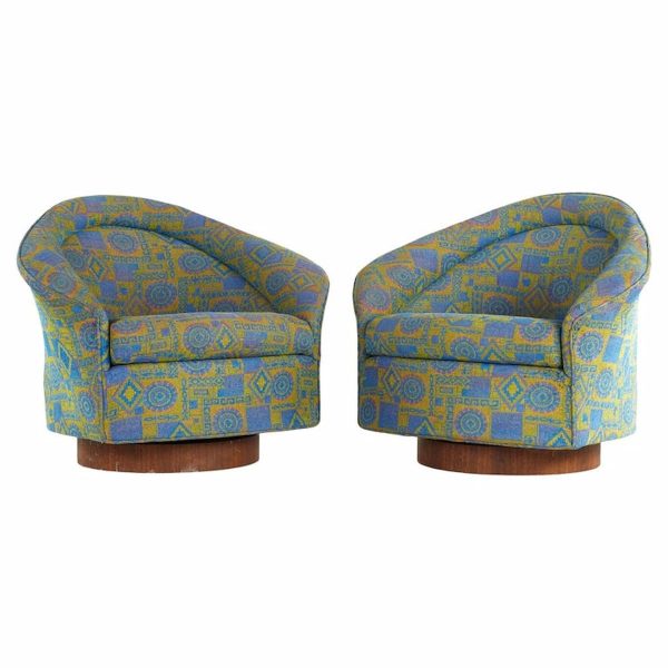 adrian pearsall for craft associates mid century walnut base swivel lounge chairs - pair