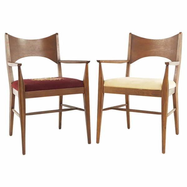 broyhill saga mid century walnut captain dining chairs - pair