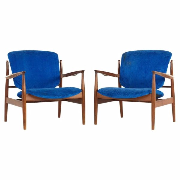 finn juhl mid century fj136 teak lounge chairs - pair