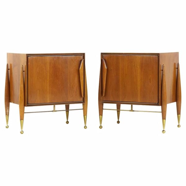 gio ponti style mid century walnut and brass nightstand - pair