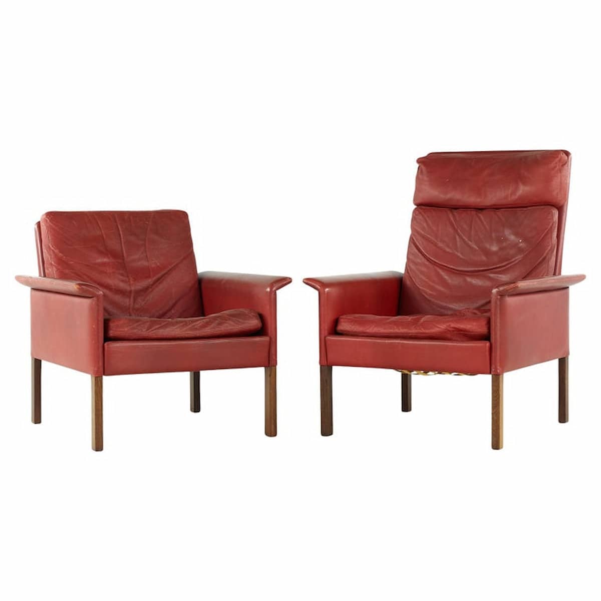 Hans Olsen Mid Century Danish Rosewood and Red Leather Chairs - Pair
