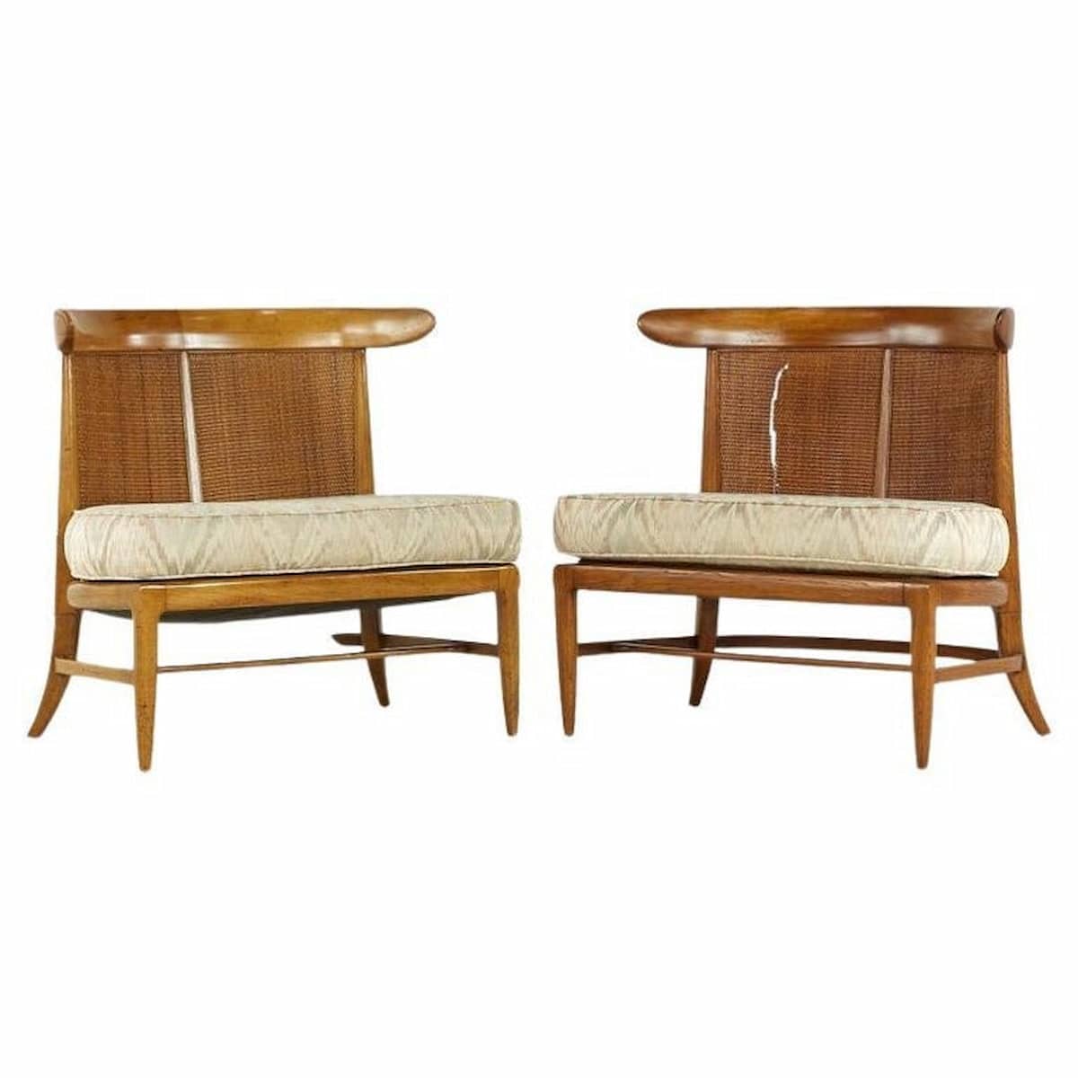 John Lubberts and Lambert Mulder for Tomlinson Mid Century Cane and Walnut Slipper Chairs - Pair