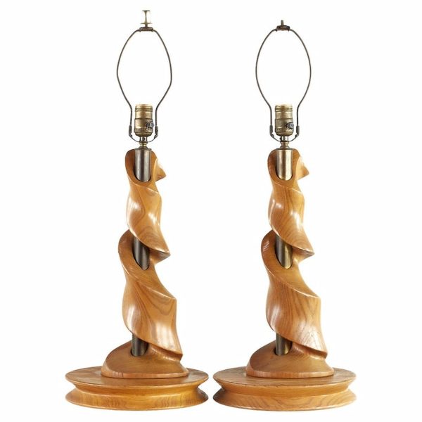 Modeline Style Sculptural Wood and Brass Lamps - Pair
