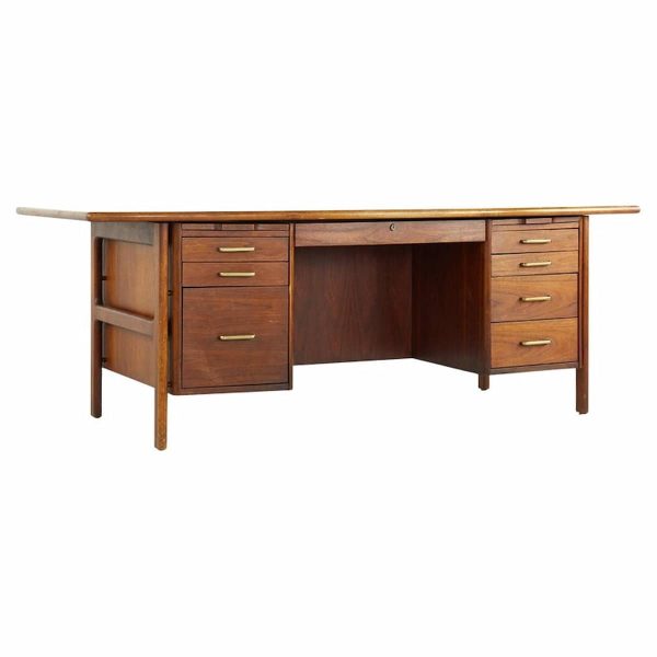 standard mid century walnut and cane executive desk