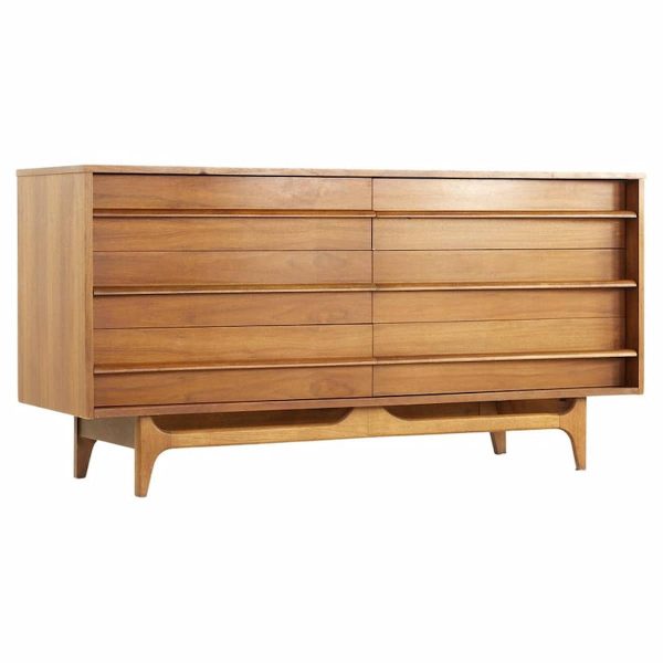 young manufacturing mid century curved front walnut 6-drawer dresser