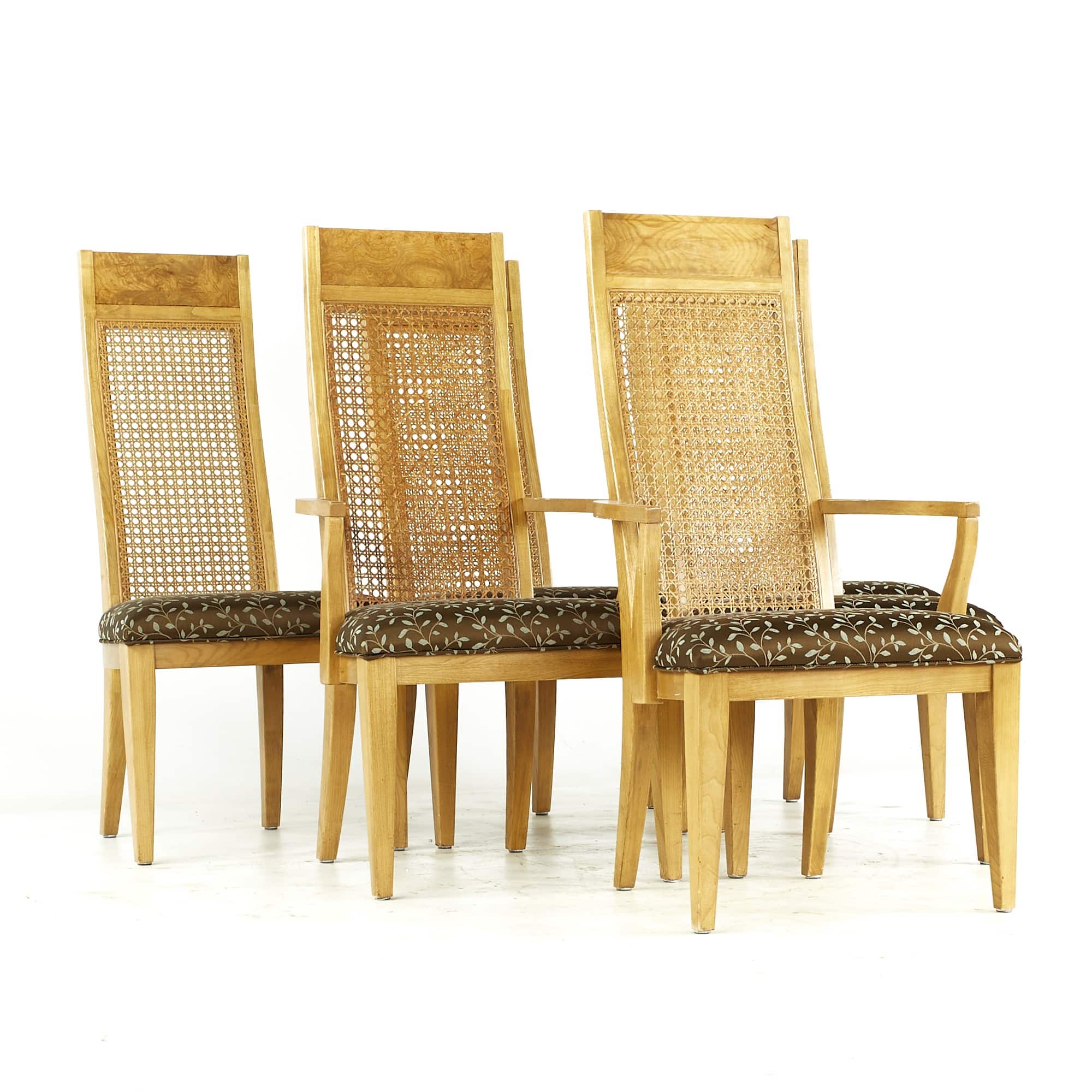 Lane Mid Century Burlwood and Cane Dining Chairs - Set of 6