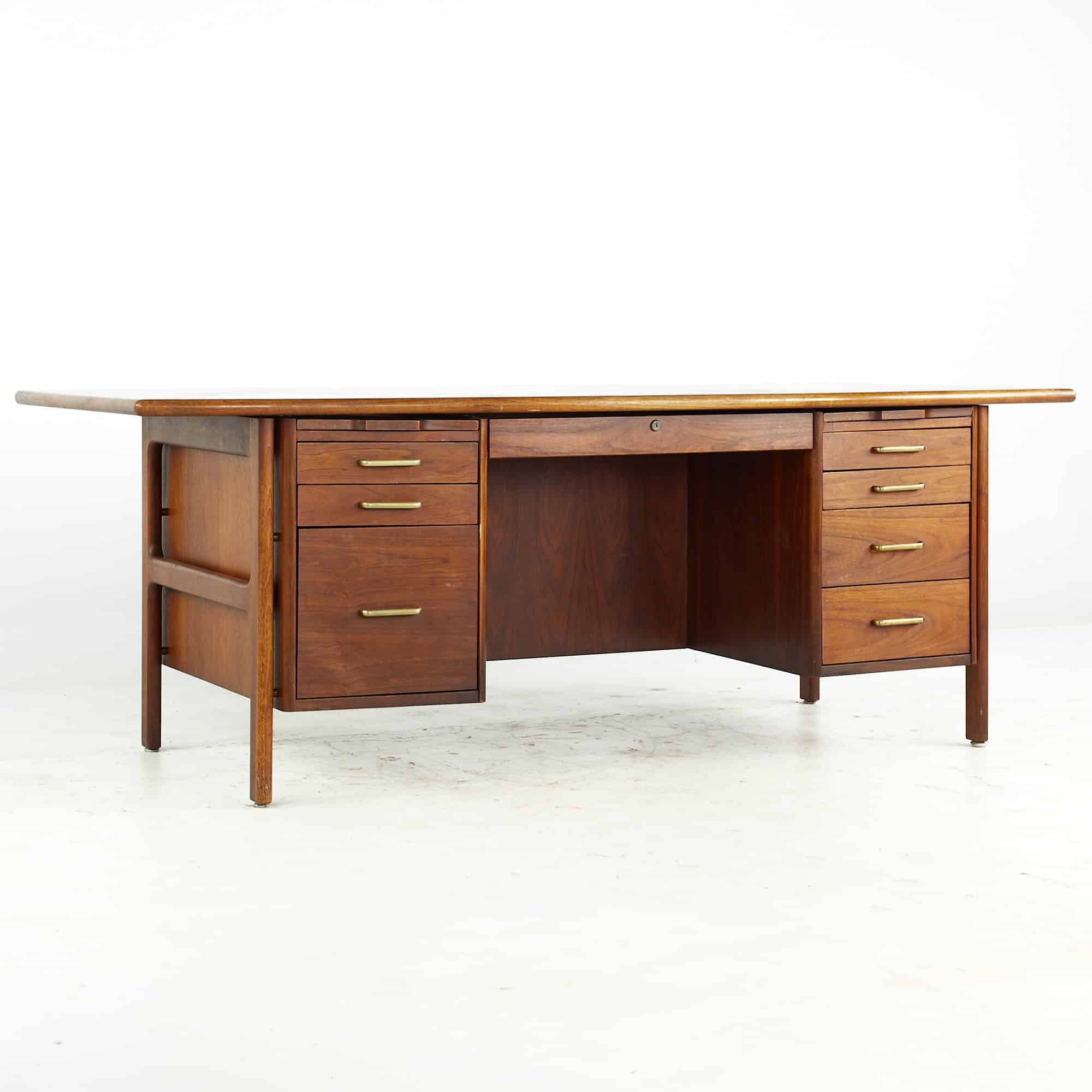 Standard Mid Century Walnut and Cane Executive Desk
