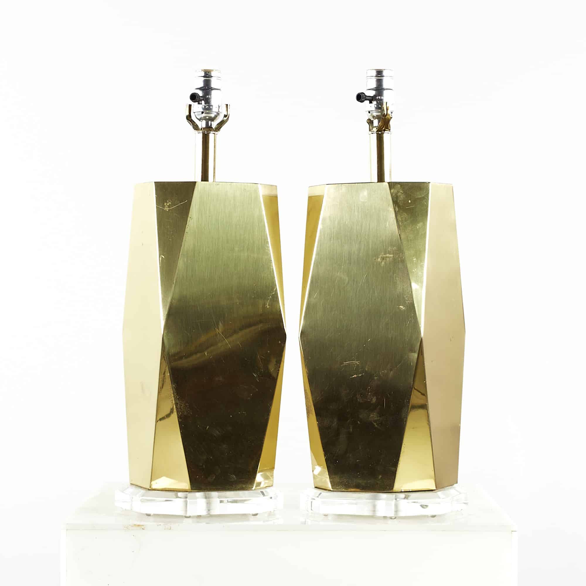 Charles Hollis Jones Style Mid Century Brass and Lucite Table Lamps - Pair