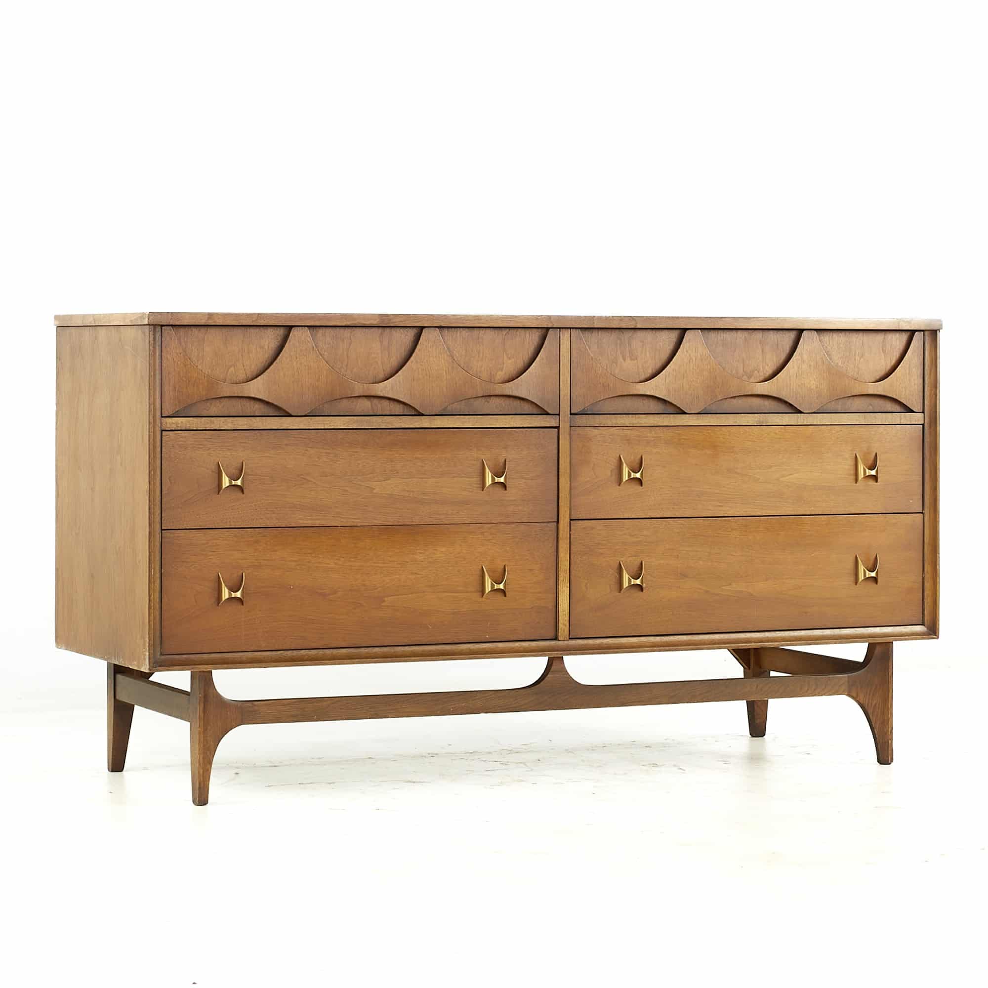 Broyhill Brasilia Mid Century Walnut and Brass 6 Drawer Dresser