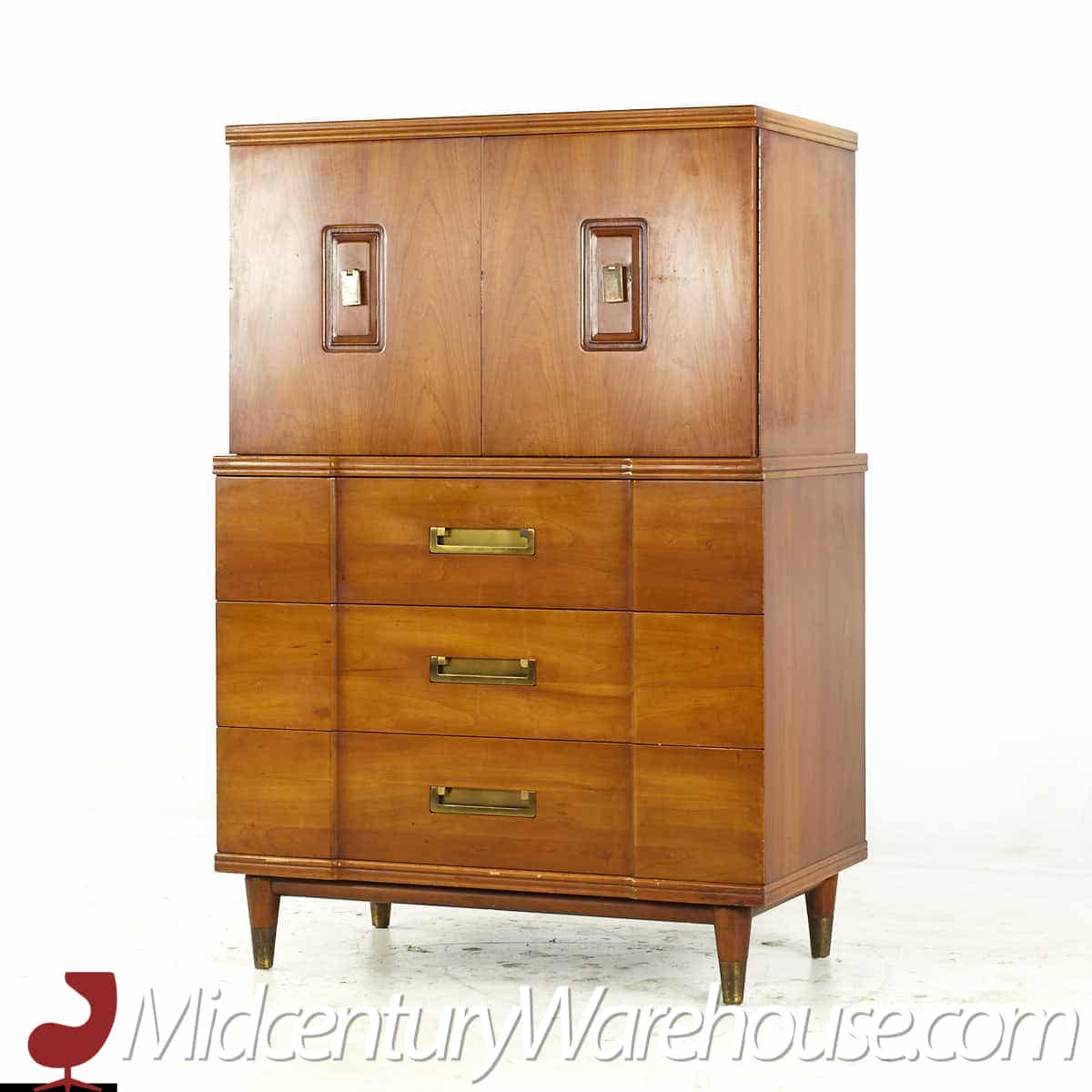 John Widdicomb Mid Century Walnut and Brass Highboy Dresser