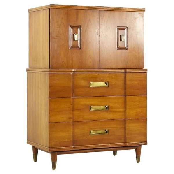 john widdicomb mid century walnut and brass highboy dresser