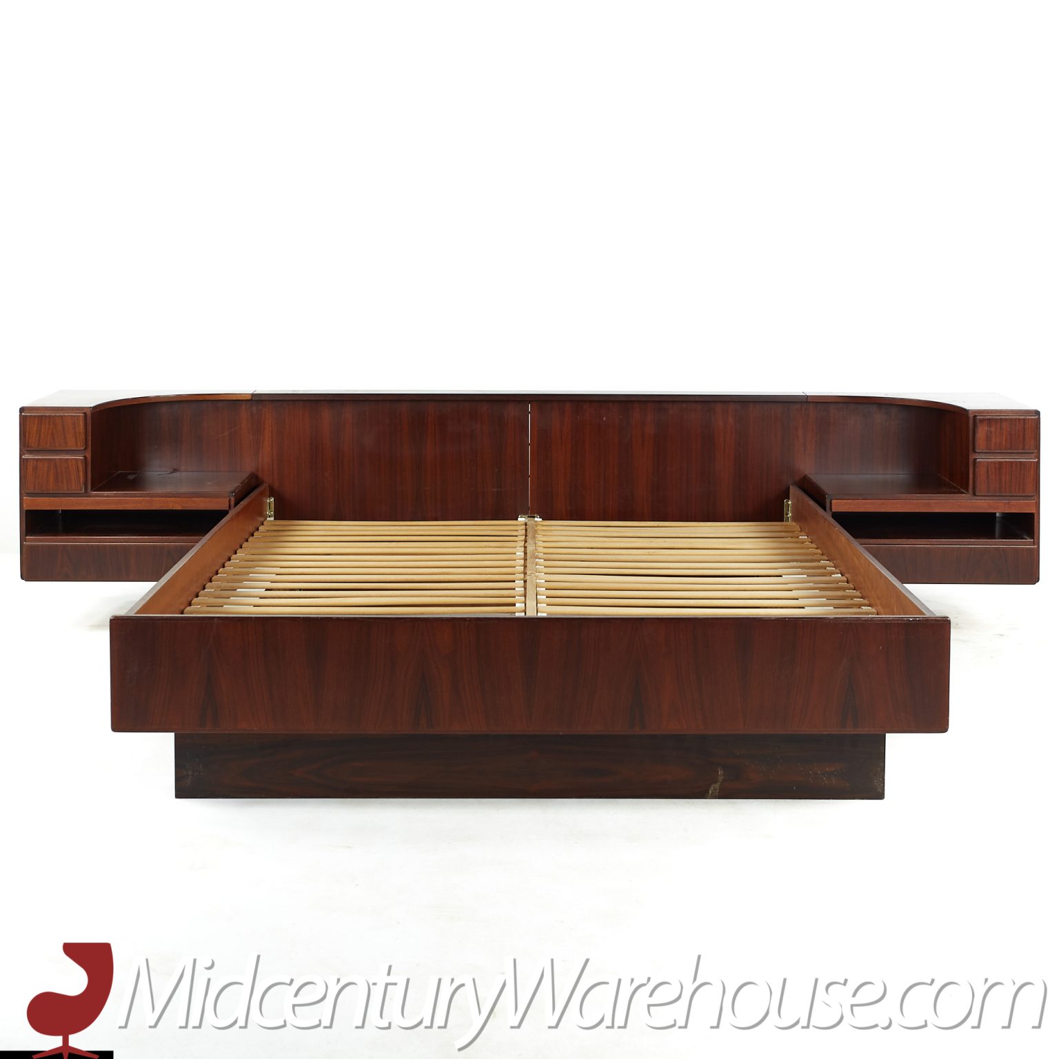 Komfort Mid Century Danish Queen Rosewood Platform Bed with Nightstands