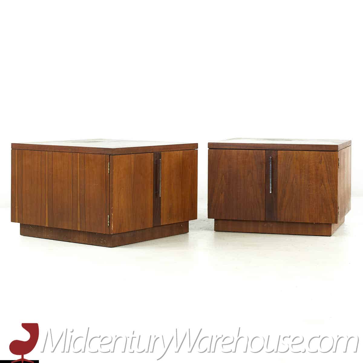 Lane Mid Century Walnut Cabinet End Tables - Pair