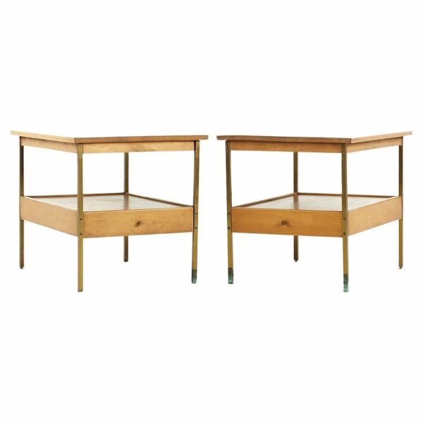 milo baughman for murray mid century maple and brass nightstands - pair