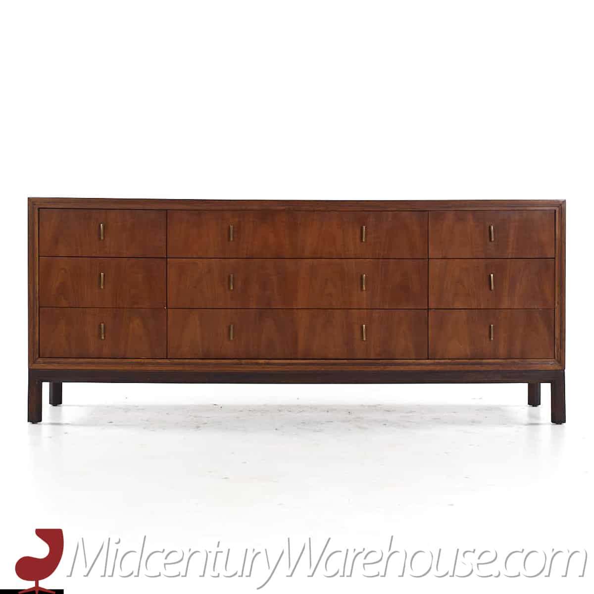 Henredon Mid Century Walnut and Brass 9 Drawer Lowboy Dresser