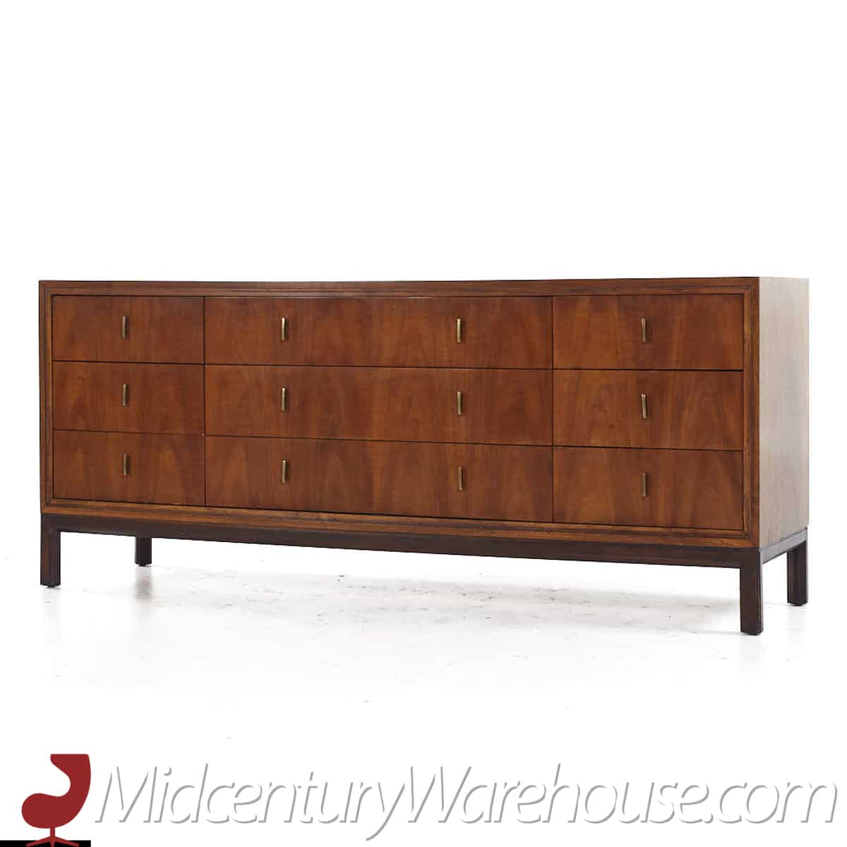 Henredon Mid Century Walnut and Brass 9 Drawer Lowboy Dresser