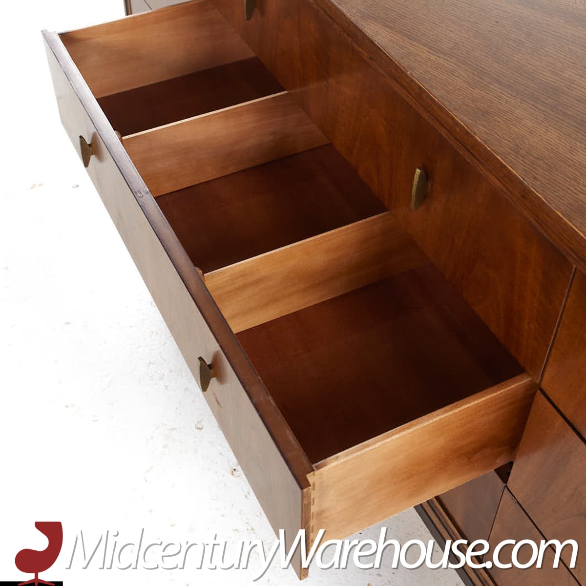 Henredon Mid Century Walnut and Brass 9 Drawer Lowboy Dresser