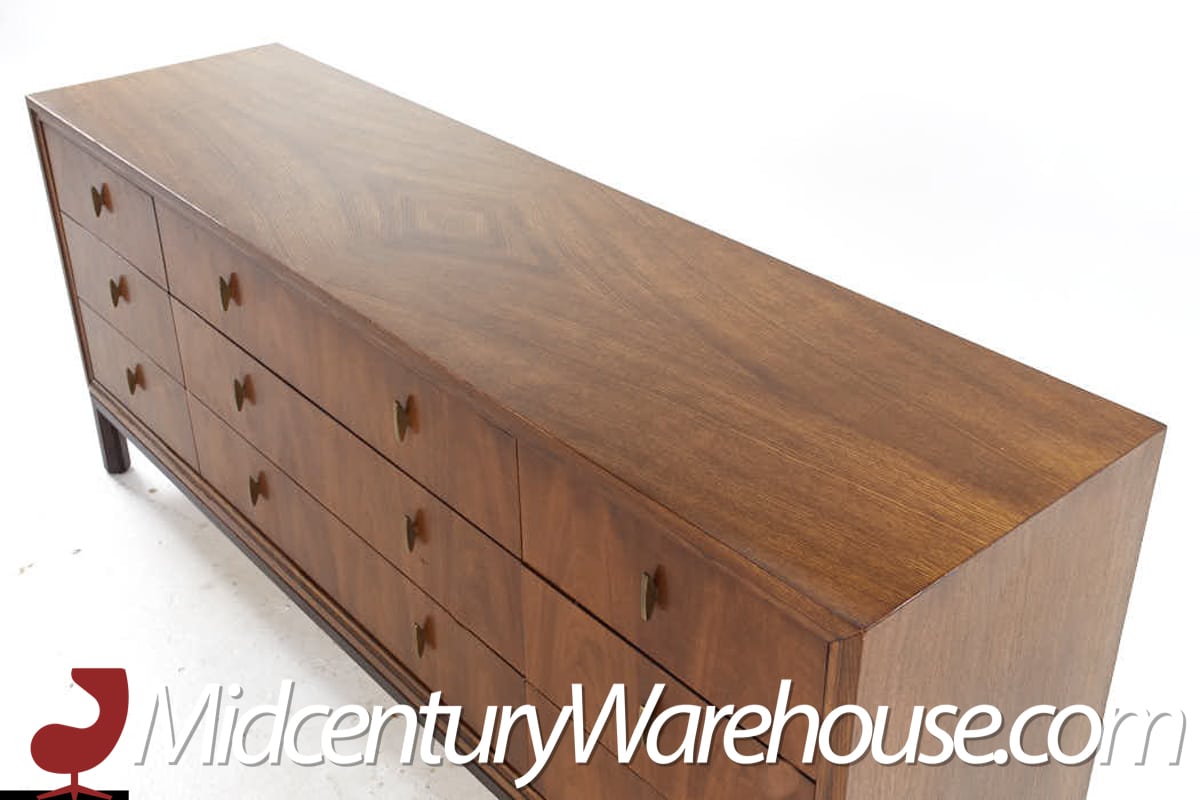 Henredon Mid Century Walnut and Brass 9 Drawer Lowboy Dresser