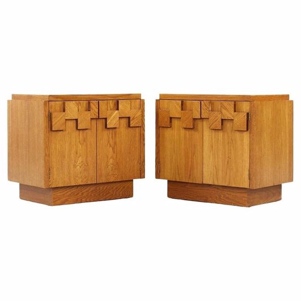 lane staccato brutalist mid century oak nightstands - pair