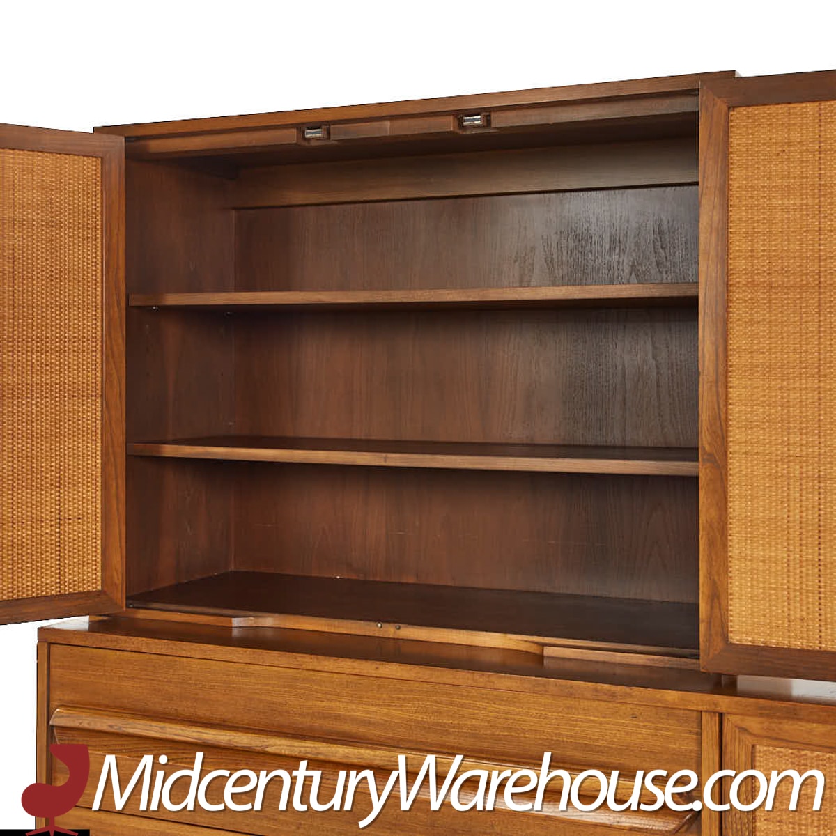 Lawrence Peabody Mid Century Walnut and Cane Buffet with Hutch