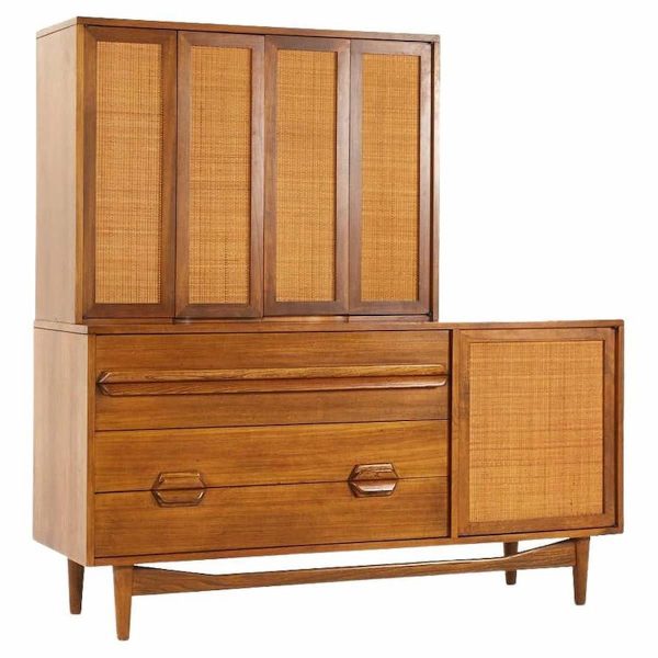 lawrence peabody mid century walnut and cane buffet with hutch