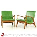 milo baughman mid century green scoop lounge chairs - pair