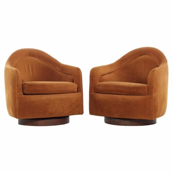 milo baughman for thayer coggin mid century walnut swivel lounge chairs - pair