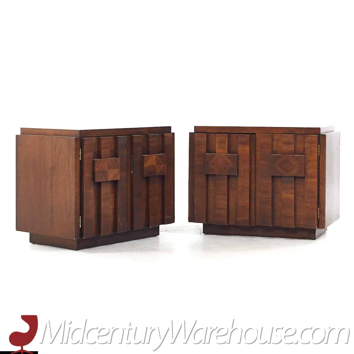 Lane Staccato Mid Century Walnut Brutalist Nightstands - Pair