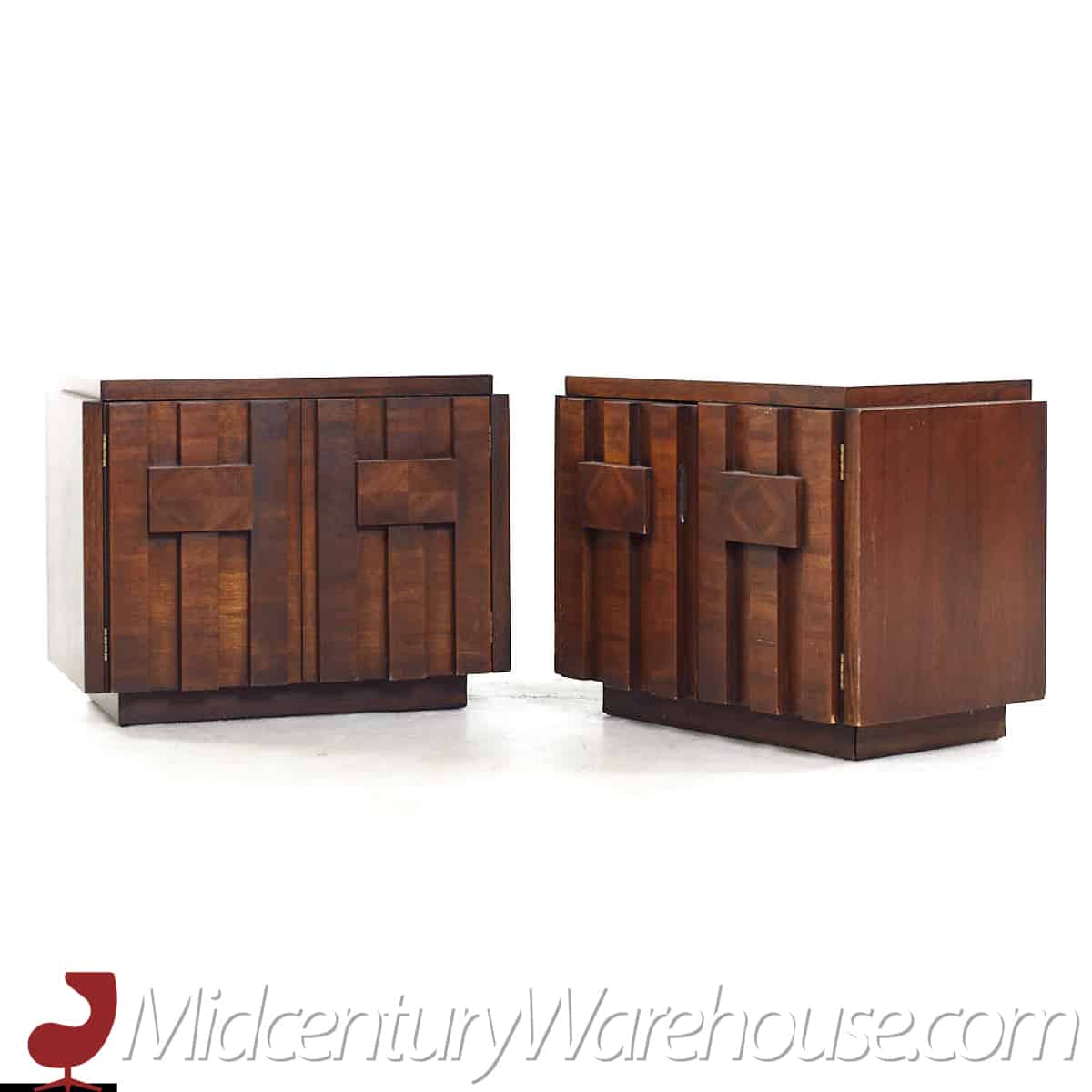 Lane Staccato Mid Century Walnut Brutalist Nightstands - Pair
