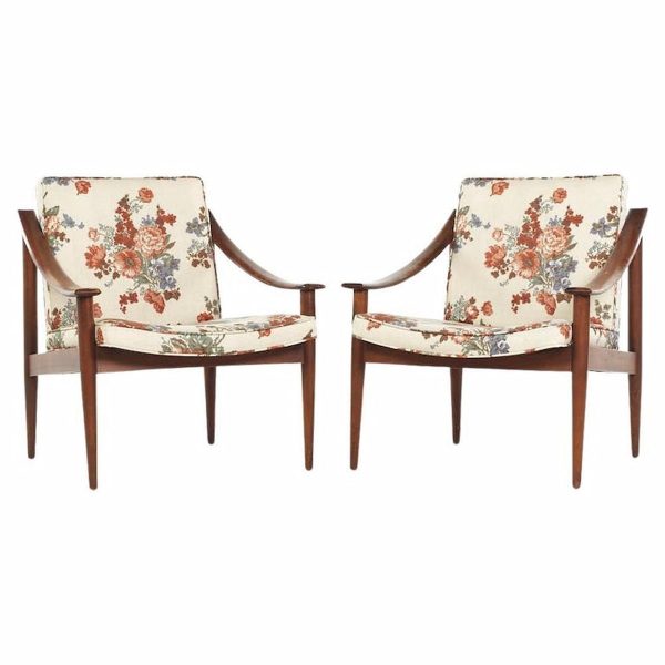 lawrence peabody mid century walnut lounge chairs - pair