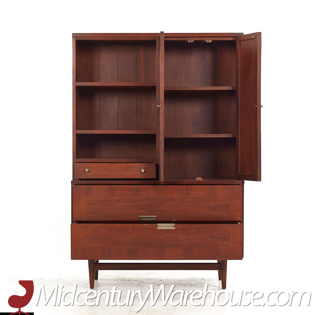 Merton Gershun for American of Martinsville Mid Century Walnut and Cane Bookcase Hutch
